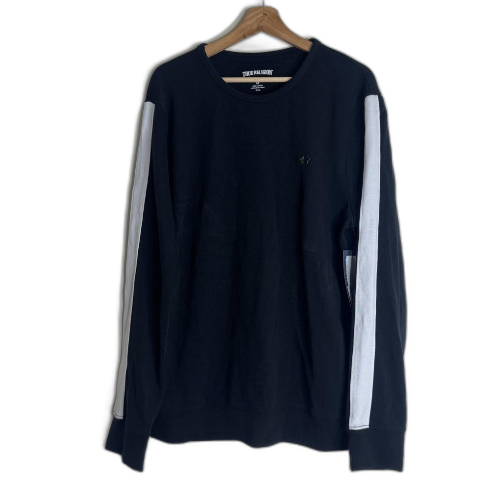 True Religion Sweater Mens 2XL Black White Contrast Stripe Crew Logo M18SF242K2G